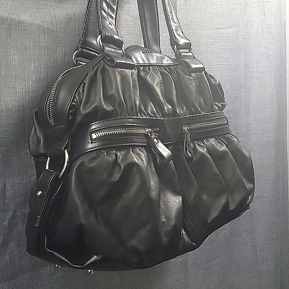 Desmo Made in Italy black Soft leather Shoulder Bag, Slouch Hobo Silver Hardware